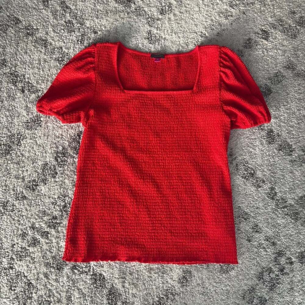 Vince Camuto Red Smocked Puff Sleeve Top